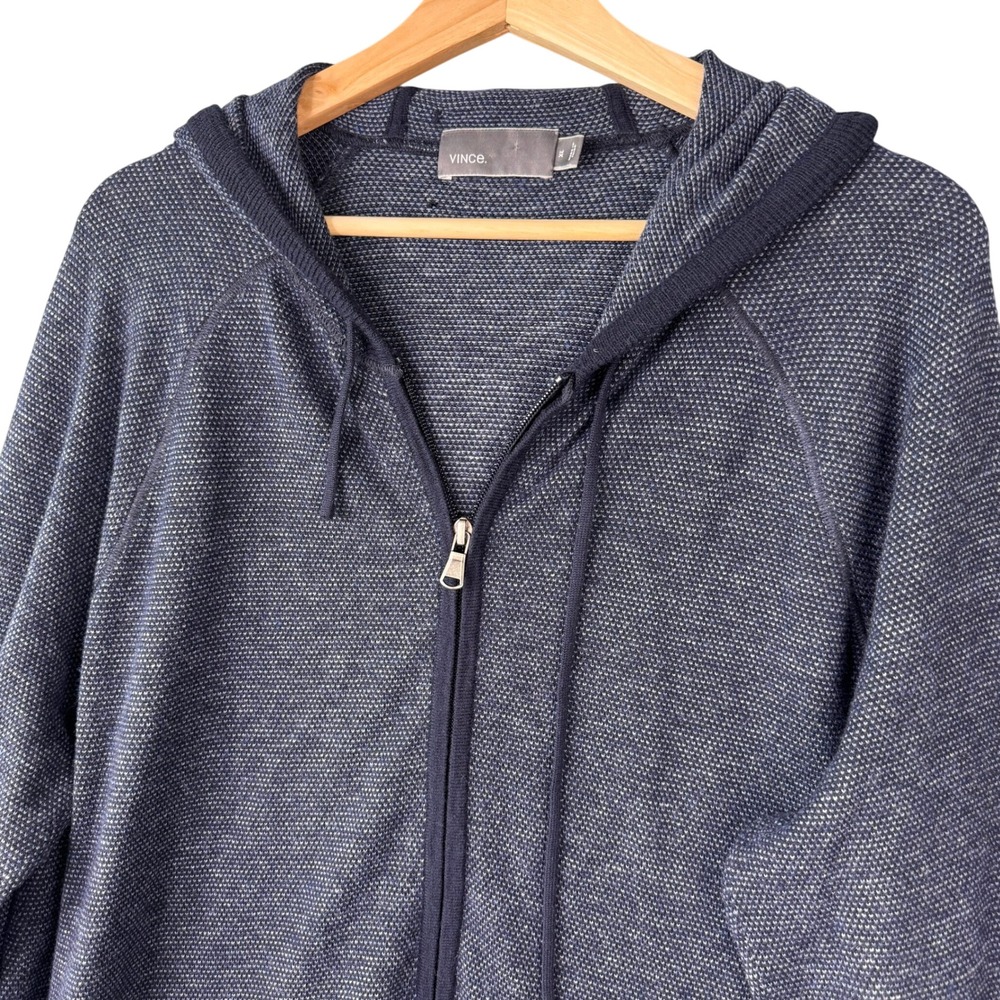 Vince Mens Navy Wool Cashmere Waffle Knit Full Zip Hoodie Elbow Patches XL